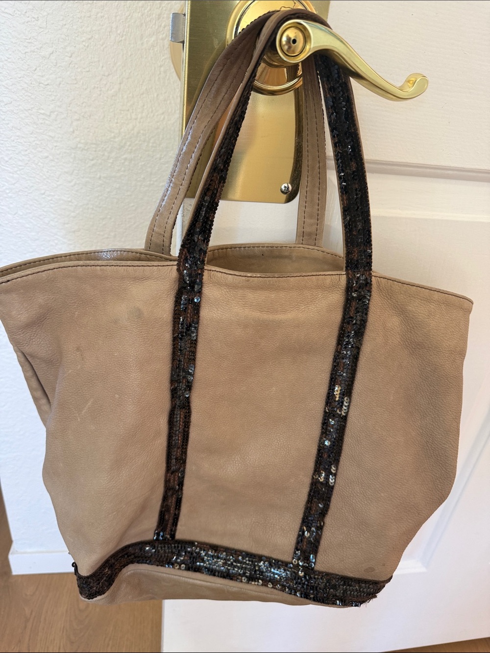 Vanessa Bruno Tan Leather Tote with Brown Sequin Trim
